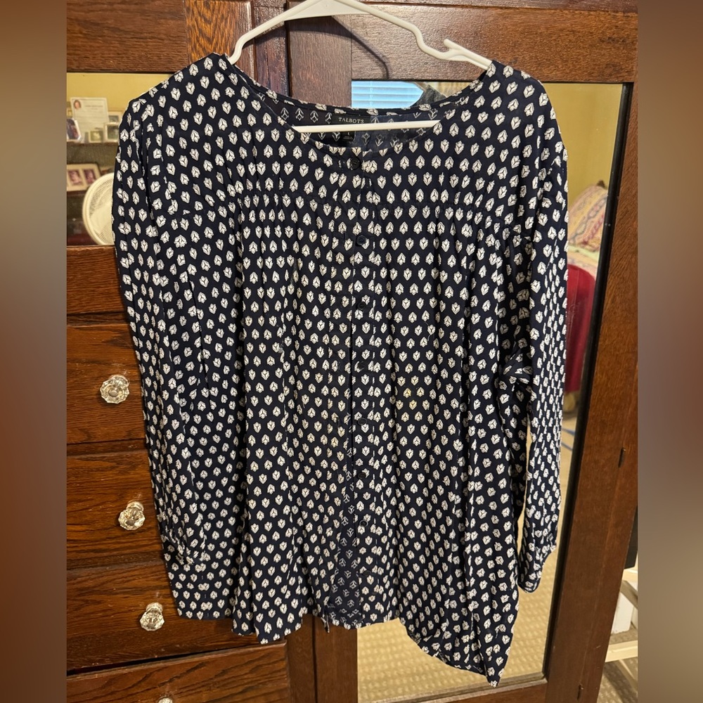 Talbots Dark Blue and White Printed Blouse